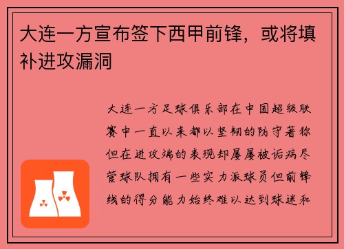 大连一方宣布签下西甲前锋，或将填补进攻漏洞